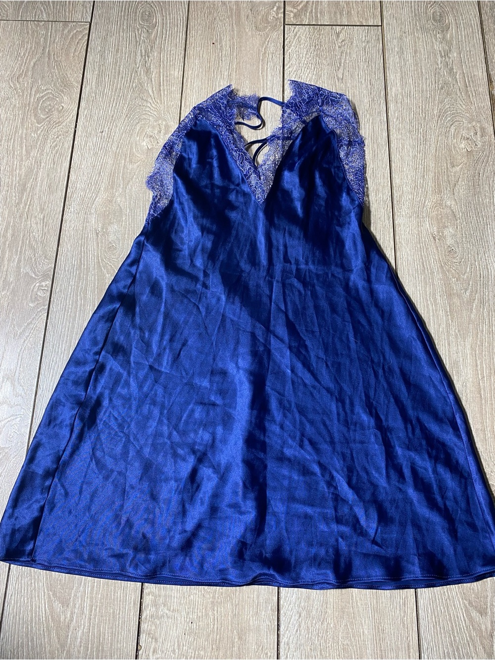 VTG Victoria's Secret Royal Blue Satin Lace Trim Slip Dress Chemise Nightgown S